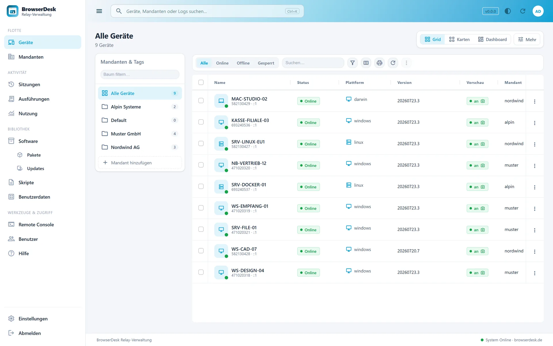 BrowserDesk-Konsole: Geräteliste mit Status, Plattform, Version und Mandant