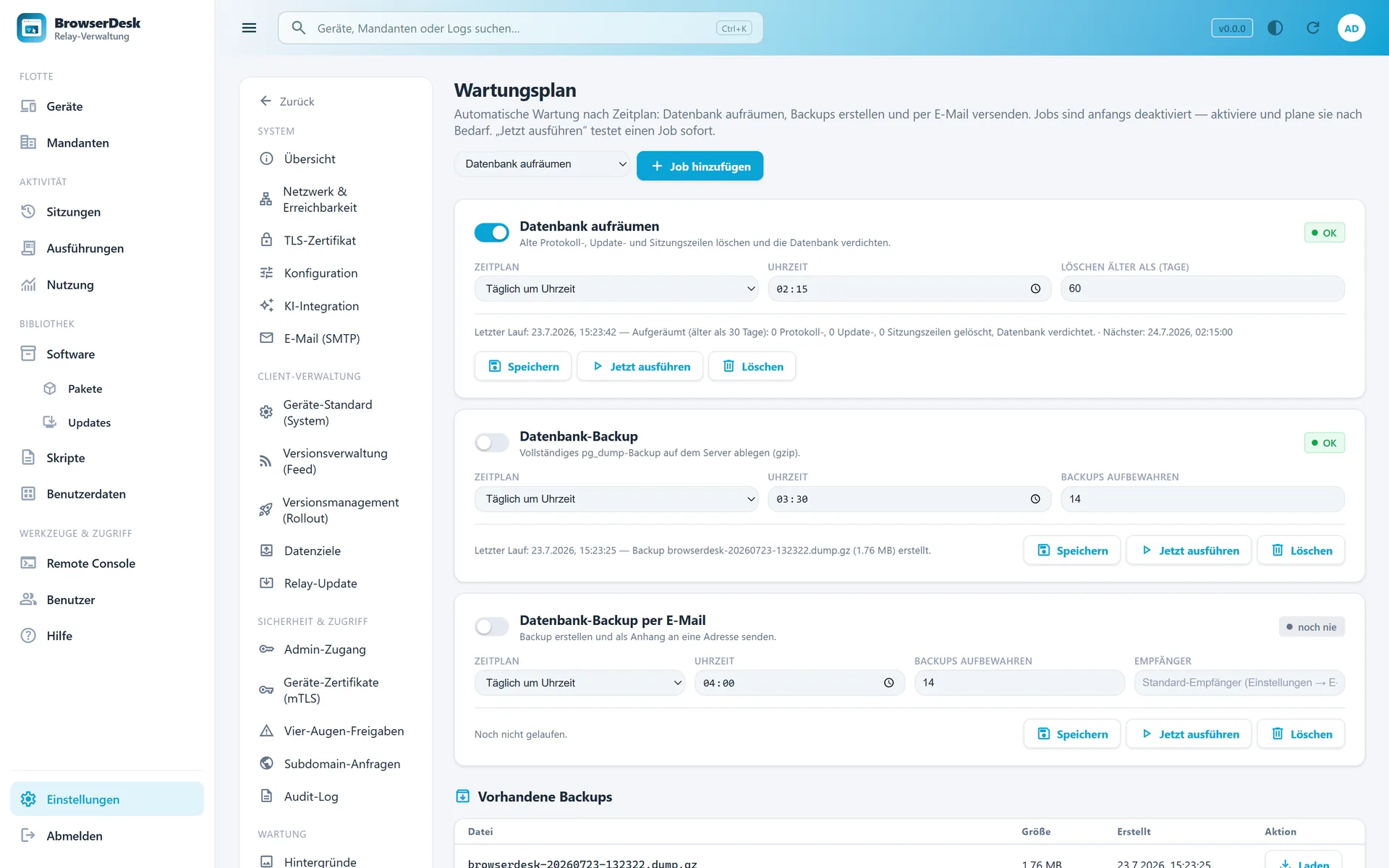 Wartungsplan mit Zeitsteuerung, Backups und Protokoll je Lauf